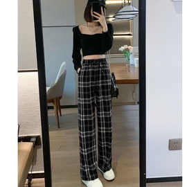 大码胖MM格子裤子女夏天新款宽松显瘦高腰直筒裤遮肉百搭阔腿裤女