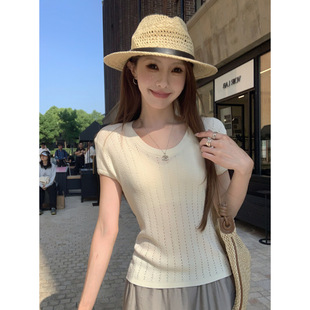 New Pullover Summer Korean Style Elegant U-Neck Cut Out Jacquard Design Imitation Linen Knitwear Short-Sleeved Top