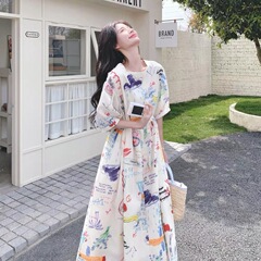 超好看夏日俏皮减龄涂鸦风连衣裙女2025新款松弛感韩系小众A字裙