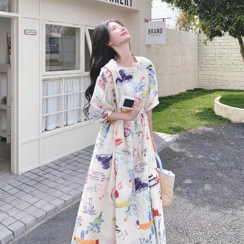 超好看夏日俏皮减龄涂鸦风连衣裙女2025新款松弛感韩系小众A字裙|undefined