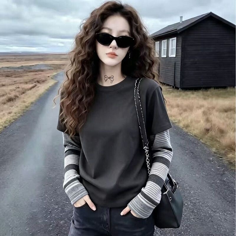 Versatile striped patchwork faux two-piece T-shirt, simple commuter style slimming long-sleeve base shirt for women