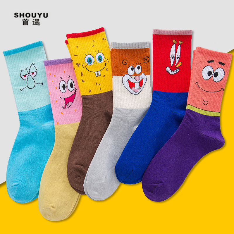 European and American Fashion Brand Owen 5 SpongeBob Squarepants Socks Men's Long Barrel Paida Star Octopus Middle Barrel Cartoon Basketball Socks