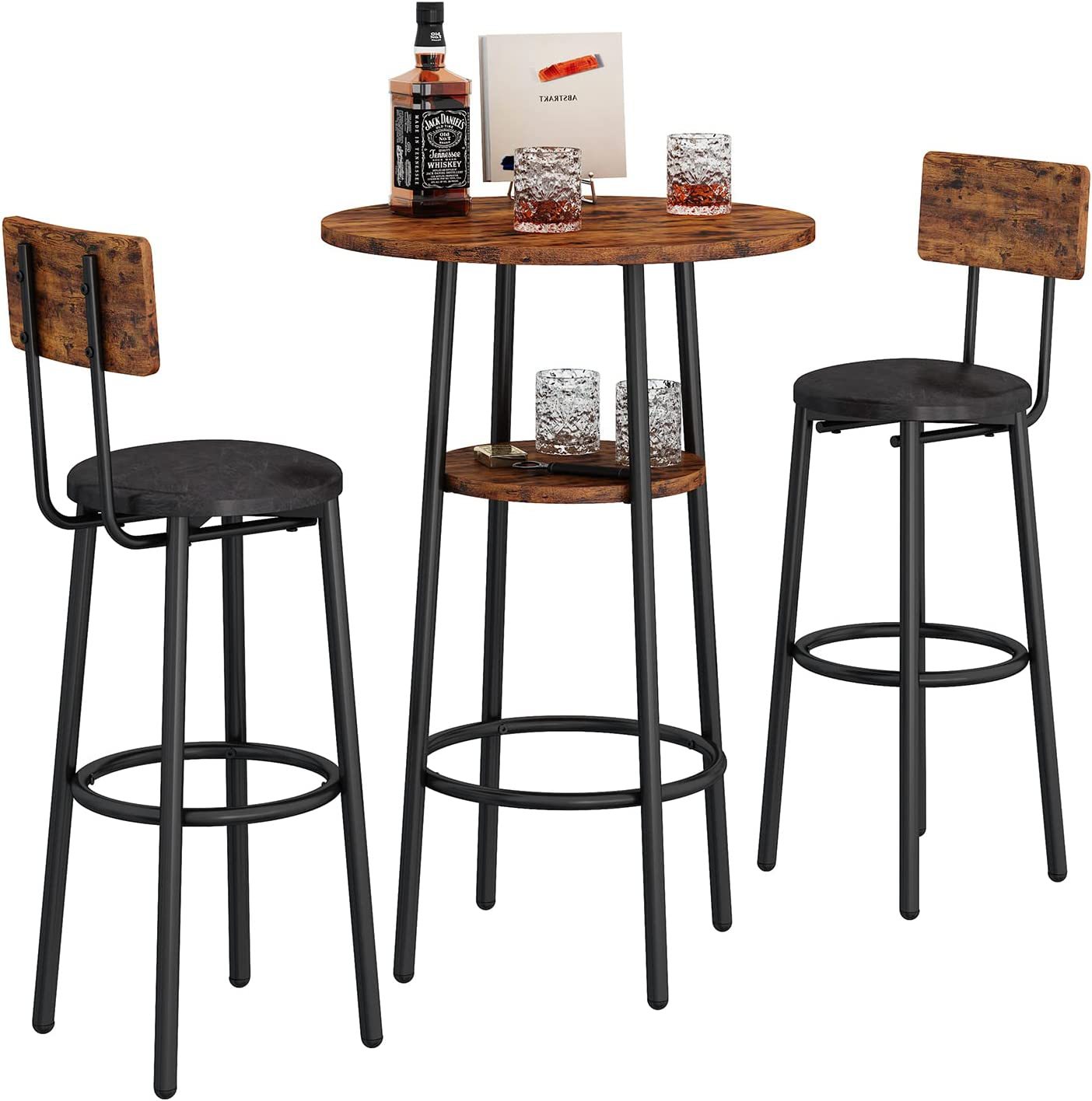 Small 2-Tier Round Bistro Pub Dining Table and Pu Upholstered Stools with Backrest 3-Piece Pub Table Set