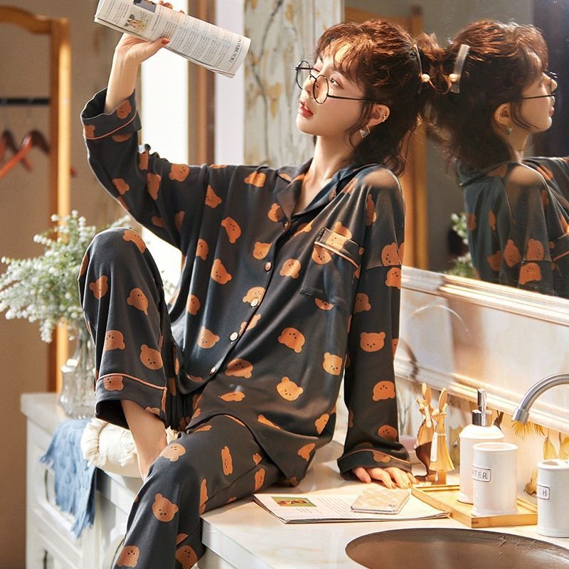 100% pijamas de algodón de primavera y otoño de las mujeres de manga larga suelta más tamaño desgaste del hogar traje de dos piezas desgaste exterior