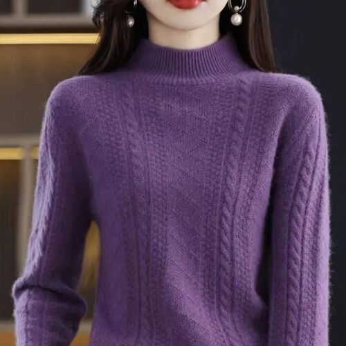 Autumn and winter new semi-high-neck knitted sweater for women's loose long-sleeved shirt with thick and warm solid color based shirt with all-match matching