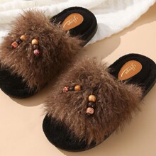 线下款棉拖鞋整件批发居家毛毛地板拖鞋女秋冬季卷毛挂珠开口拖