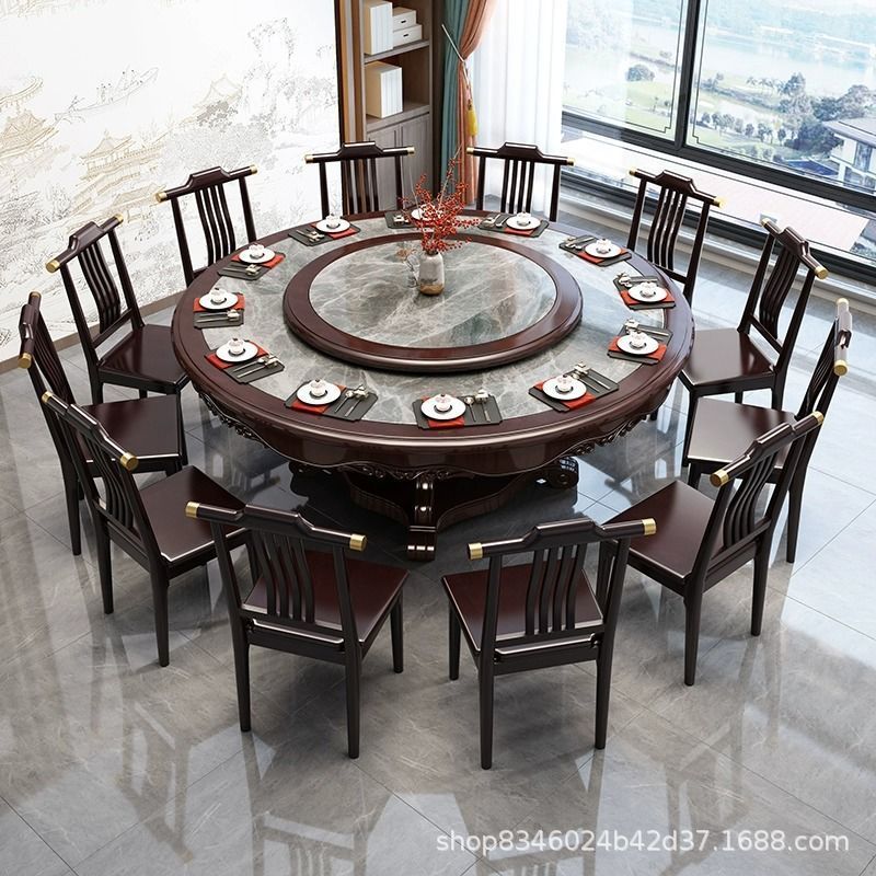 New Chinese Style Rock Plate Dining Table and Chair Combination Household Round Solid Wood Dining Table Hotel High-end Induction Cooker Dining Table