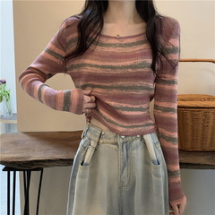 コントラストカラーストライプスクエアネックTシャツレディース秋ニット長袖フレンチショートスタイルデザイントップニッチトレンド