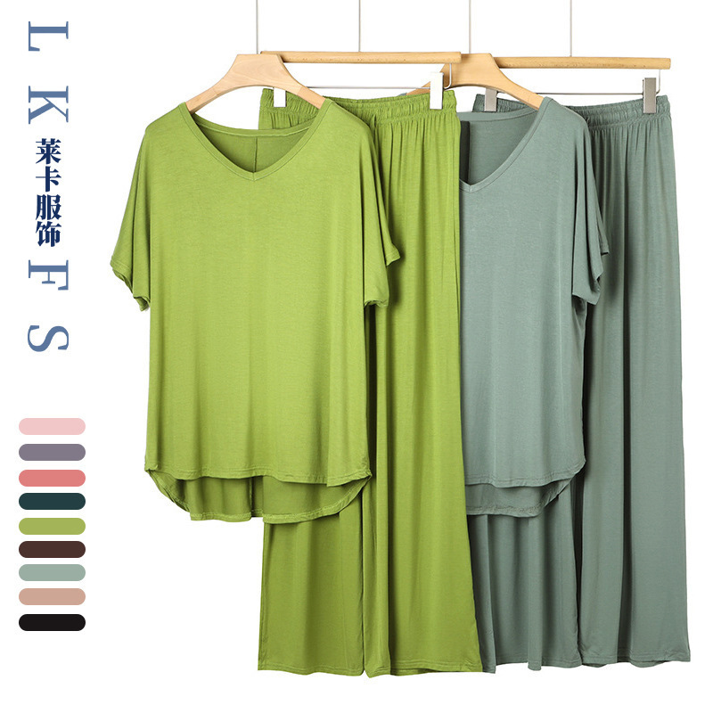 Women's Sleepwear Summer Modal Loungewear Korean Style Short-Sleeved Wide-Leg Pants Can Be Worn Outside Set