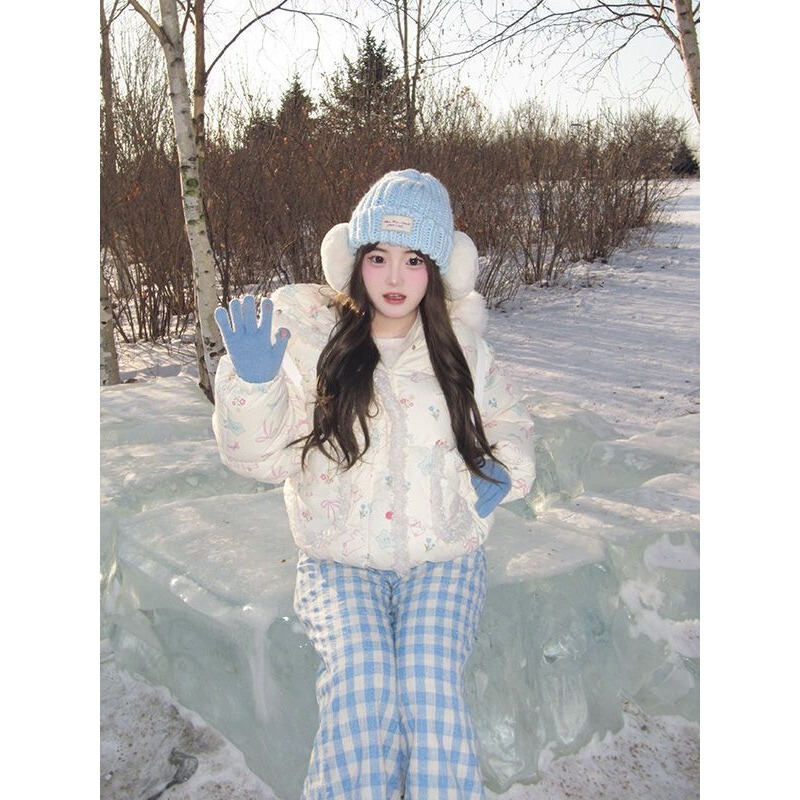 Sweet Holiday Style Snow Bow Star Large Fur Collar Cotton Jacket for Women Winter Design Versatile Puffer Coat