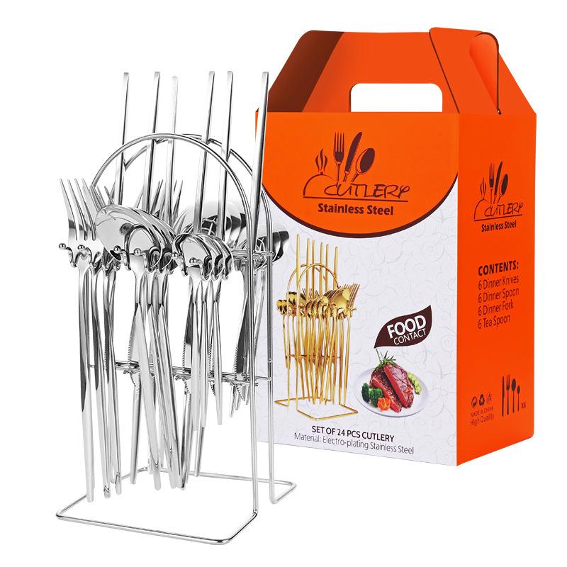 Transfronterizo Amazon Portugal comida occidental cuatro principales vajilla de acero inoxidable 24 piezas vajilla rack caja de regalo rack traje