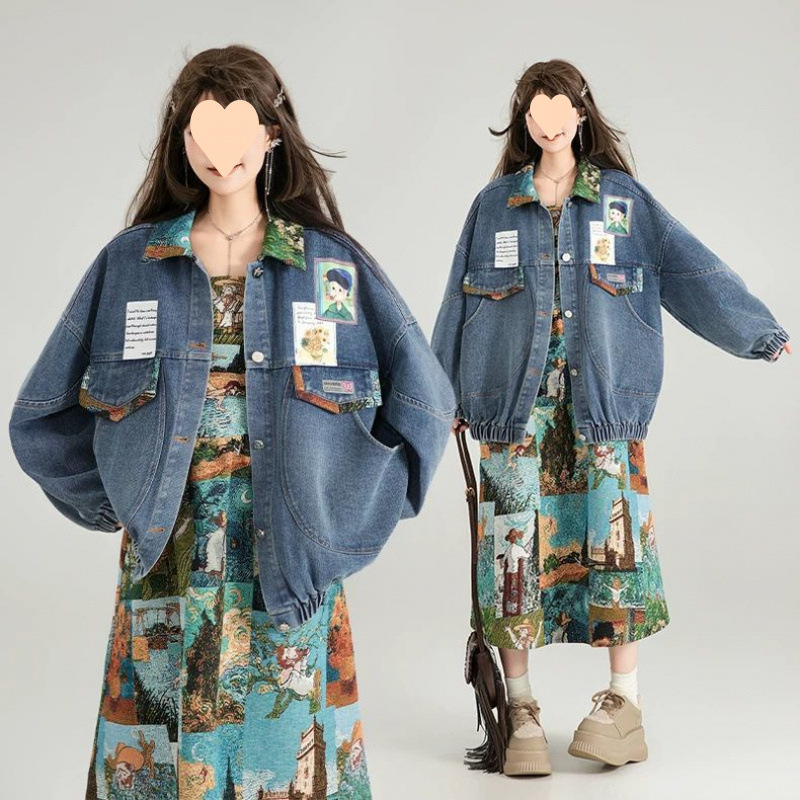 レトロデニムジャケット女性 2025 秋フレンチスタイル文学ジャカードリボン装飾ジャケットトップ春秋|undefined