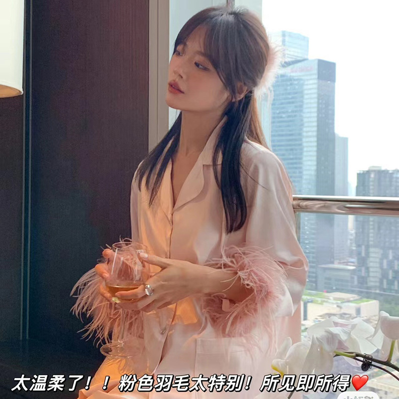 Women's Pajamas, Spring and Autumn Style, Ice Silk Long-Sleeved, Plus Size, High-End Solid Color Set, Xiaohongshu Style, Light Luxury Feather Loungewear