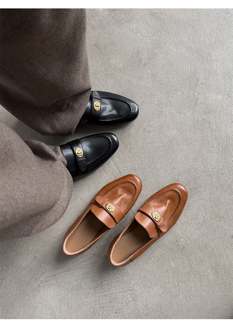 Giày loafer nữ da bò mũi sâu gót vuông thấp phong cách Anh Quốc — màu nâu chi tiết 23