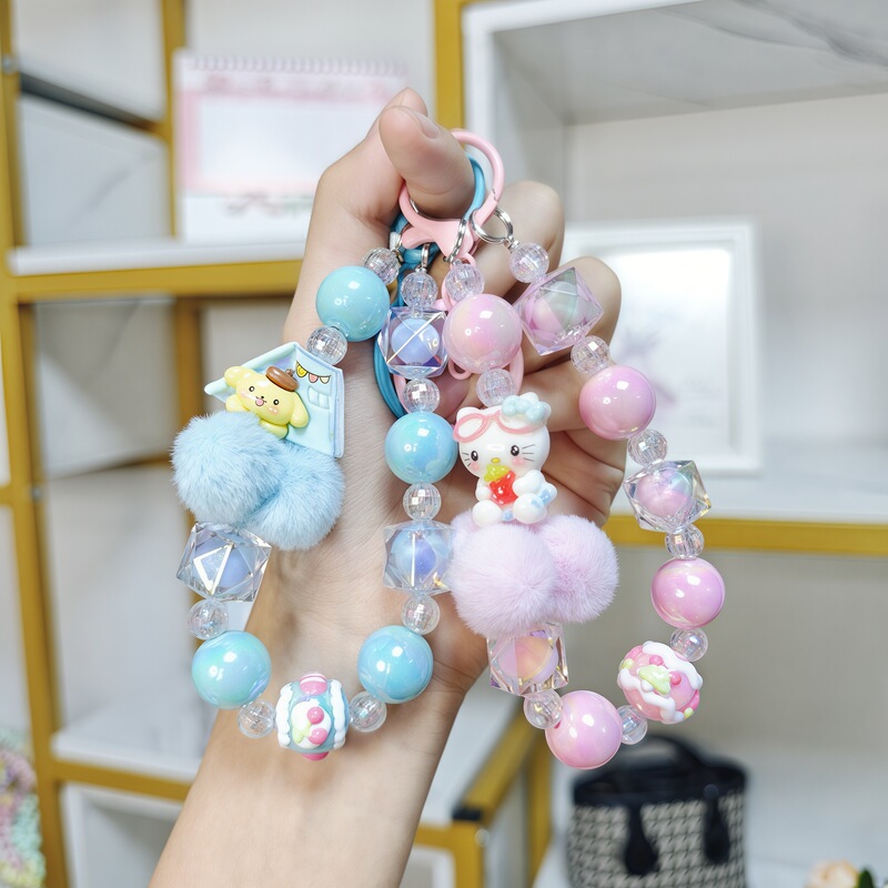 Plush Phone Chain Dopamine Handmade Beaded Little Girl Sanrio Keychain Wrist Strap Pendant Bag Accessory