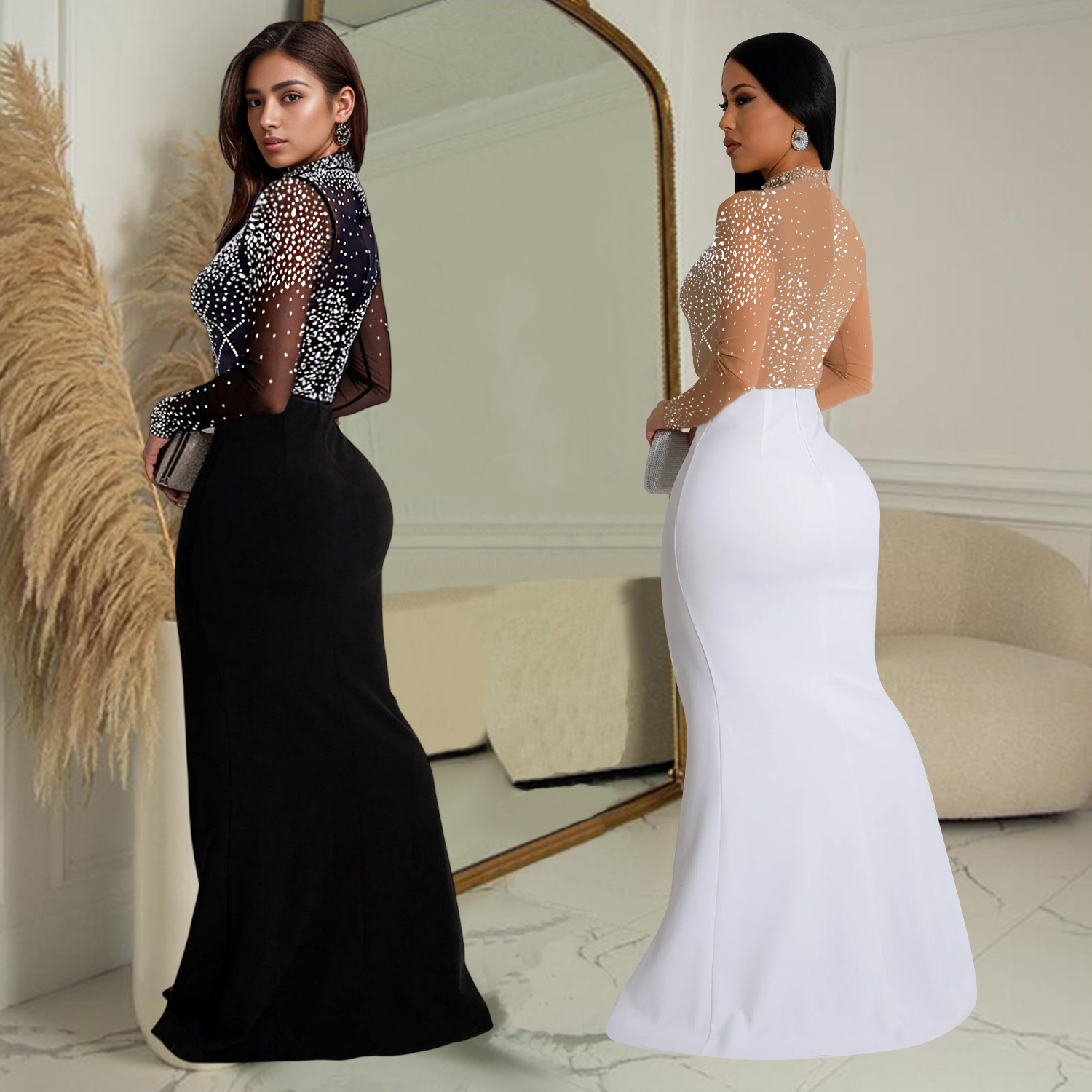C7045 Aliexpress transfronterizo Amazon estación independiente de moda europea y americana ropa de mujer con perforación en caliente vestido largo nuevo image 3