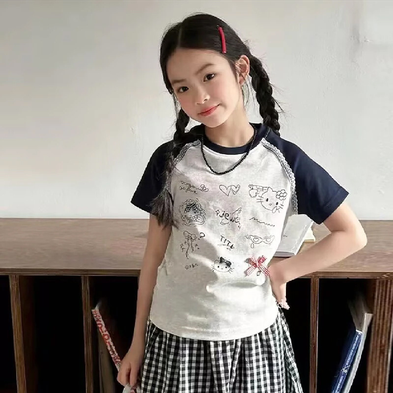 Girls' Short-sleeved Summer 2025 New Children's Summer Printed Contrast Top Girls' Lace Western Style Cute T-shirt Girls' Short-sleeved Summer 2025 New Children's Summer Printed Contrast Top Girls' Lace Western Style Cute T-shirt