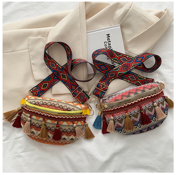 112g Weight Tassel, Weave, Sewing Thread Fashion Element Zipper Closure Type Single Shoulder Strap Strap Type Fanny Pack Bags Type Holiday, Daily Occasion cotton and linen Material Women's Backpack Backpack Waves Pattern All Seasons Season Women's Gender Ethnic Style Style Square Shape Women's Ethnic Style Waves Cotton And Linen Waist Bags 35