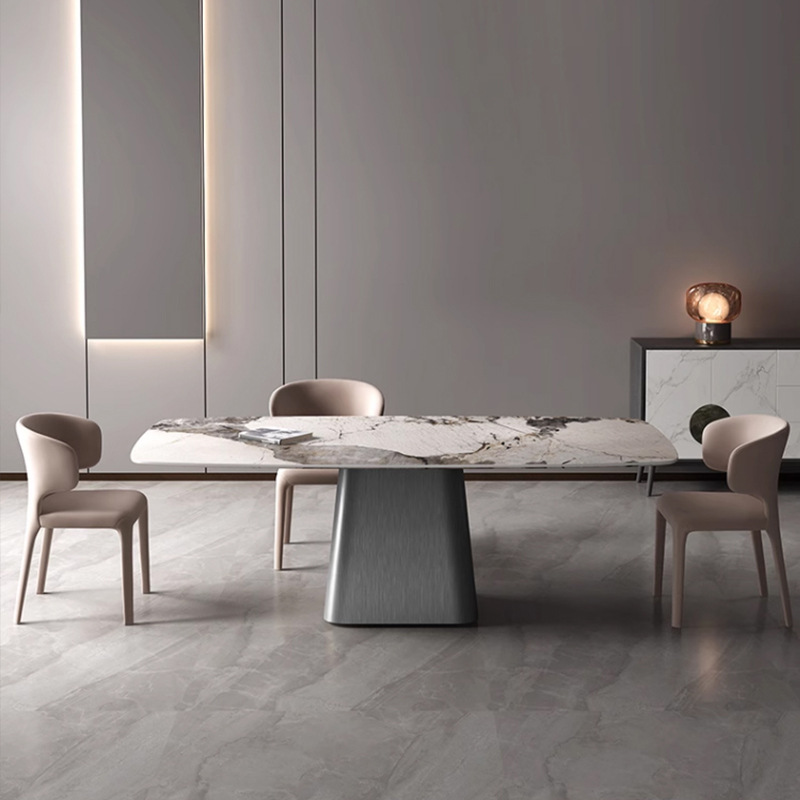 Italiano minimalista Placa de roca de acero inoxidable mesa de comedor y silla combinación rectangular Luz de lujo de alta gama hogar pequeño apartamento mesa de comedor brillante