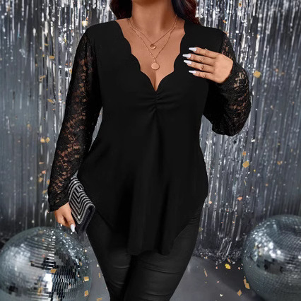 2024 cross-border Amazon new plus size women's elegant lace wave V-neck long sleeve T-shirt