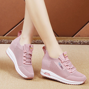 Casual Shoes for Women, New Spring Height-Increasing Sports Shoes, Fashionable Korean Style Fly-Knit Breathable Lightweight Running Shoes, Women's Shoes Wholesale