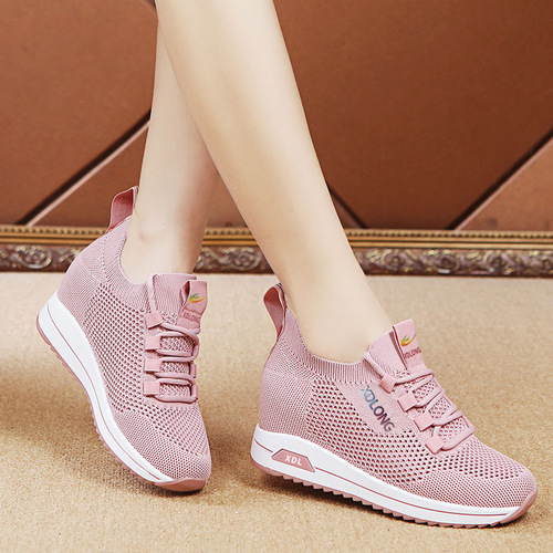 Women's Casual Shoes 2024 Spring New Heightening Sports Shoes Women's Fashion Korean Version Flying Weave Breathable Running Shoes Women's Shoes