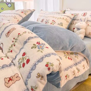 Winter milk velvet four-piece coral velvet double-sided flange fleece-lined quilt cover bed sheet fitted sheet three-piece set Wholesale