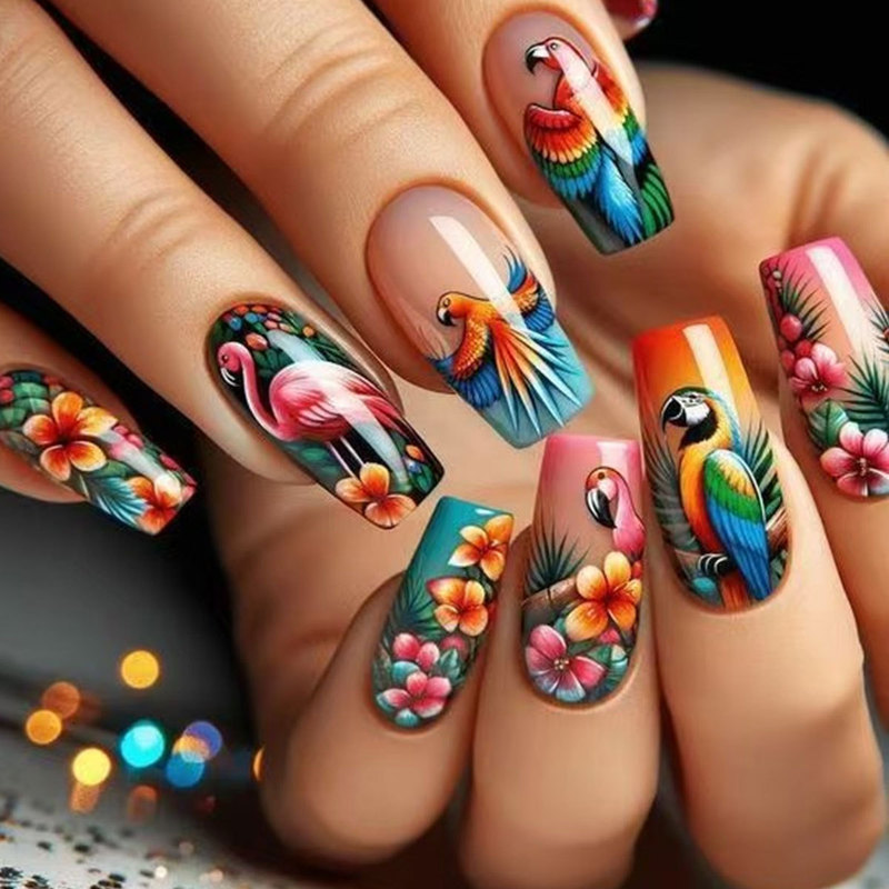 Cross-Border Colorful Bird European and American Wearable Nails Ins Style Manicure Nails Removable Fake Nails Wholesale