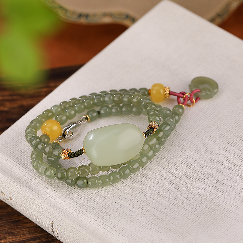 Vòng tay hai lớp bạc S925 mạ vàng kết hợp hạt ngọc bích và đá sapphire, charm Ruyi khí chất — Một chiếc