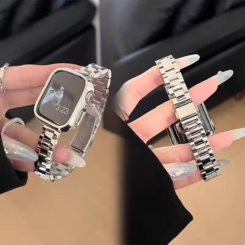 Suitable for Apple Watch Women's Huawei Three-Bead Solid Small Waist Double Snap Stainless Steel iWatch Strap 14mm