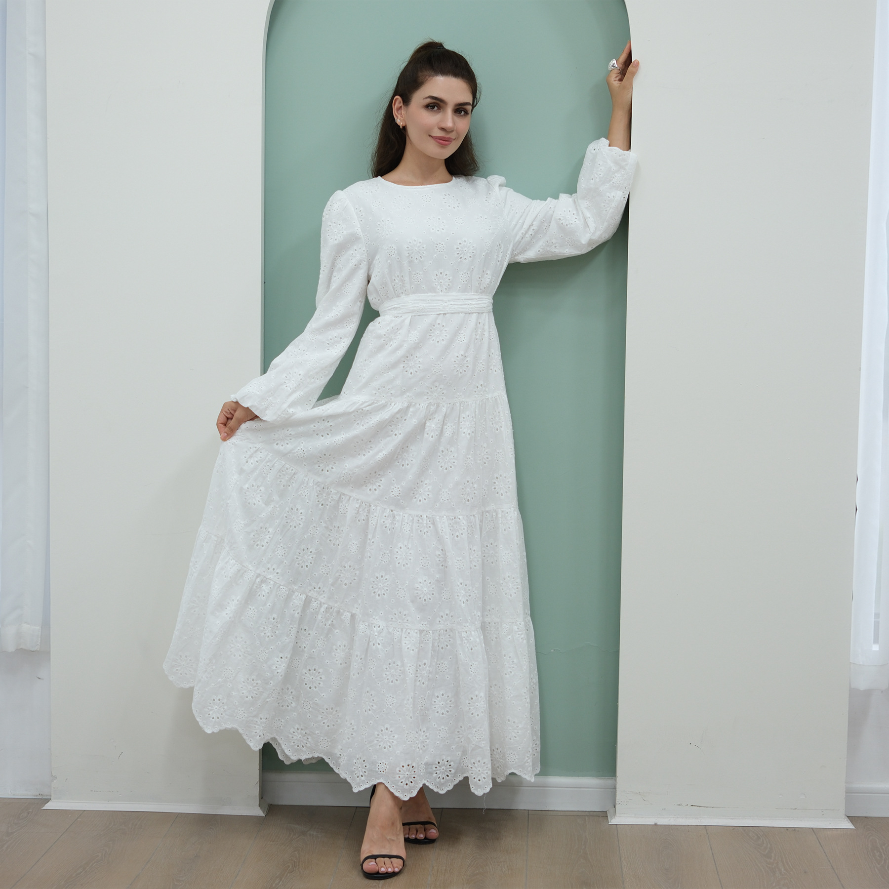 Voya Women's Eyelet Embroidered Maxi Dress-Long Sleeve Tiered Beach Dress With Scallop Hem-Boho Casual Summer Dress, For Holiday, Wedding Guest & Daily_ecoleips.com