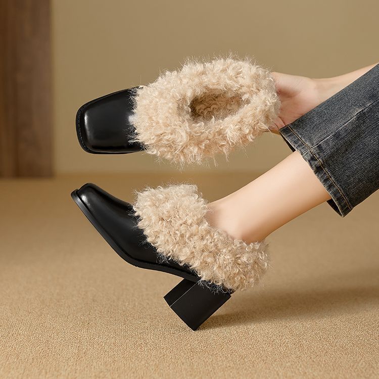 Cowhide 버전 ~ 한국 조커 기모 따뜻한 페달 신발 겨울 패션 마오 마오 신발 여성 로퍼