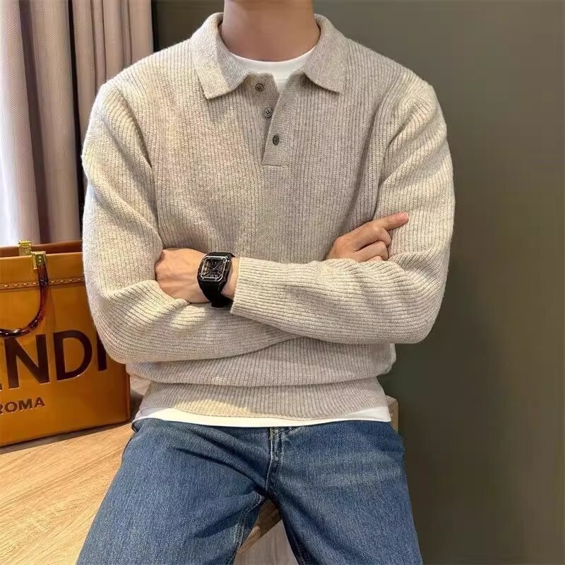 Autumn and Winter Lazy Style Casual Accessible Luxury Lapel Men's Polo Shirt Simple Pure Color Fine Strip Brushed Work Clothing Knitted Sweater