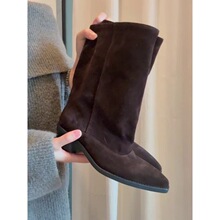 羊皮版~显瘦粗跟西部靴女百搭不过膝中筒靴子复古方头褶皱堆堆靴