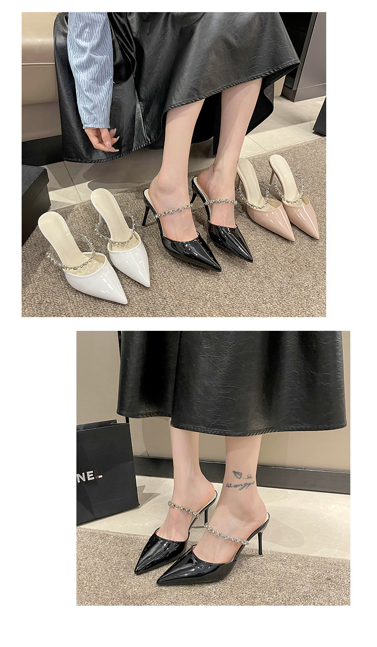 High-heeled toe slippers for women 2023 summer new style French rhinestone one-strap stiletto pointed toe patent leather half slippers_voghion.com