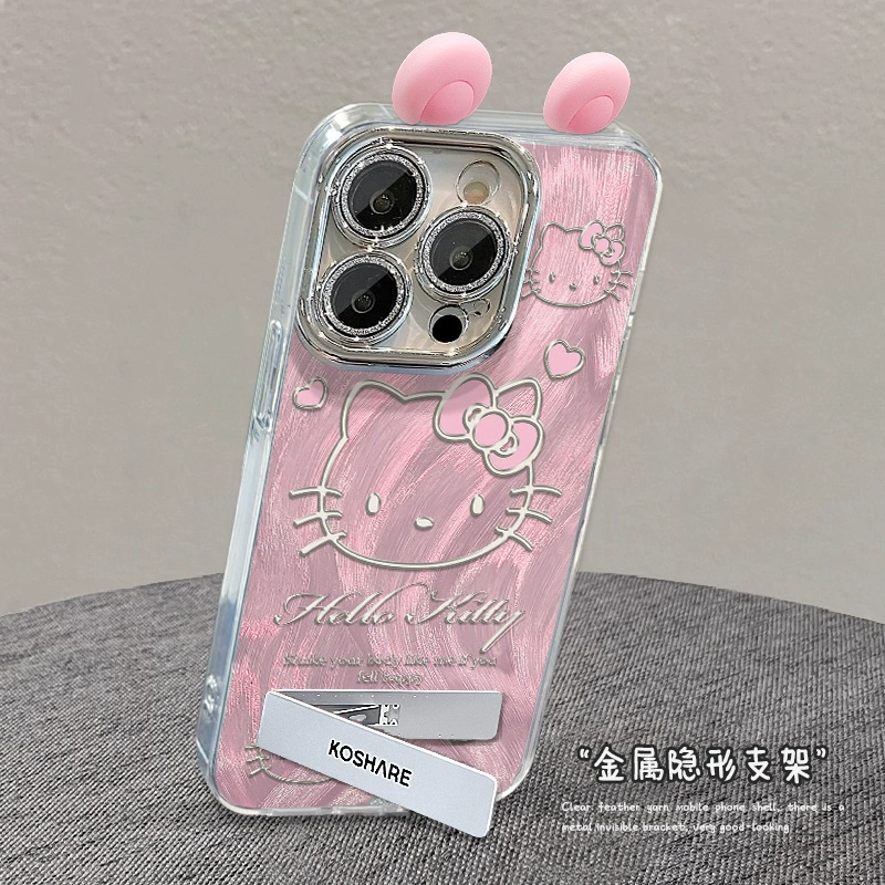Чехол для iPhone (совместим с Apple) Hello Kitty, глиттер/зеркало, с ушной трубкой или браслетом, с плёнкой для объектива