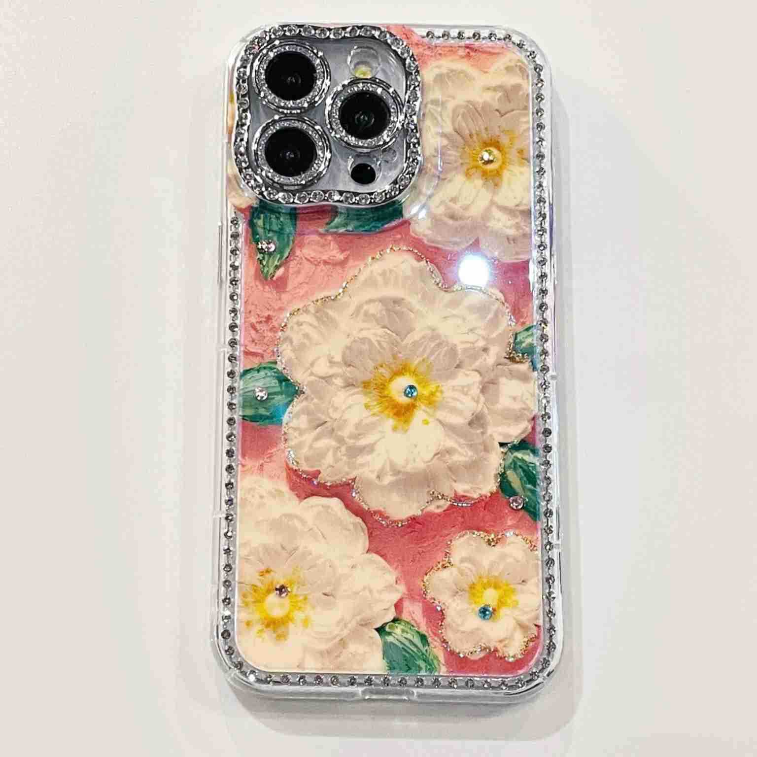 Pintura al óleo retro Flor de brillo 16ProMax Diamante 14 Funda para teléfono móvil Apple 15 Nuevo estilo 13 Blu-ray 16 Mujer