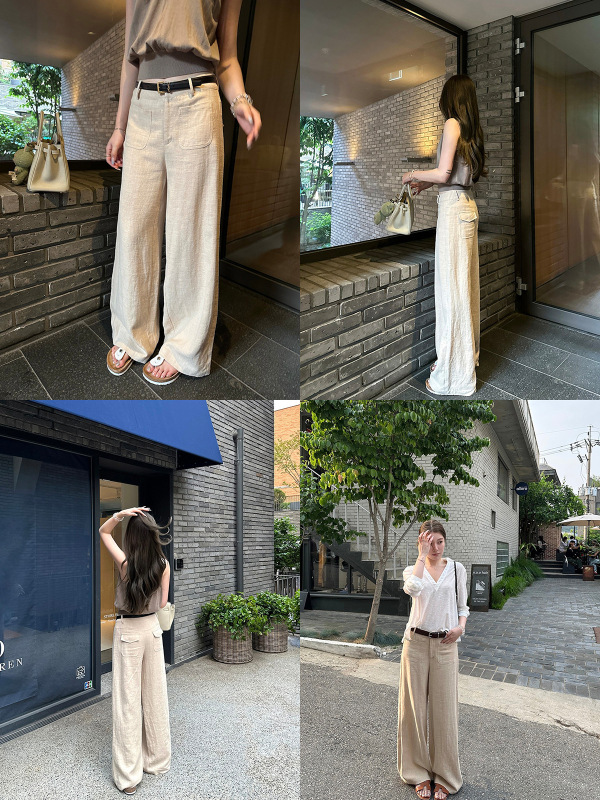 蝶宝嘻 苎麻氧吧 挂三色贴袋直筒裤白色高腰休闲阔腿长裤女夏|undefined
