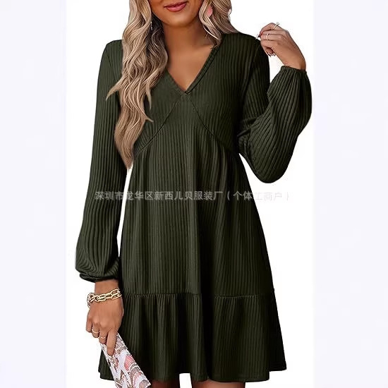 Autumn Women's Clothing 2026 Long-Sleeve V-Neck Lightweight Ribbed Knit Empire Waist Casual A-Line Swing Mini Dress