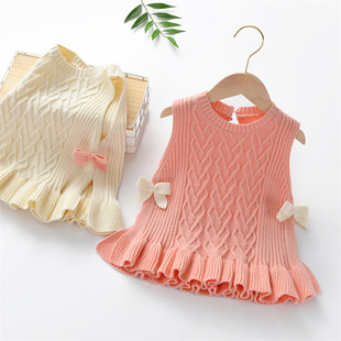 Girls' knitted vest 2024 autumn and winter New Western style bow children's cotton vest children's baby top