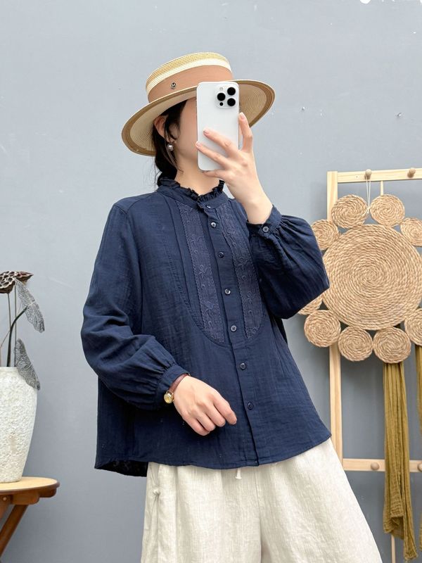 厂家直销法式衬衫女长袖 2025秋装新款显瘦设计感双层棉纱衬衣|undefined