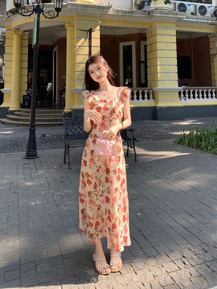 Váy liền thân nữ họa tiết hoa, tay ngắn, lưng trần, eo thon, dài trung bình — đen chi tiết 10