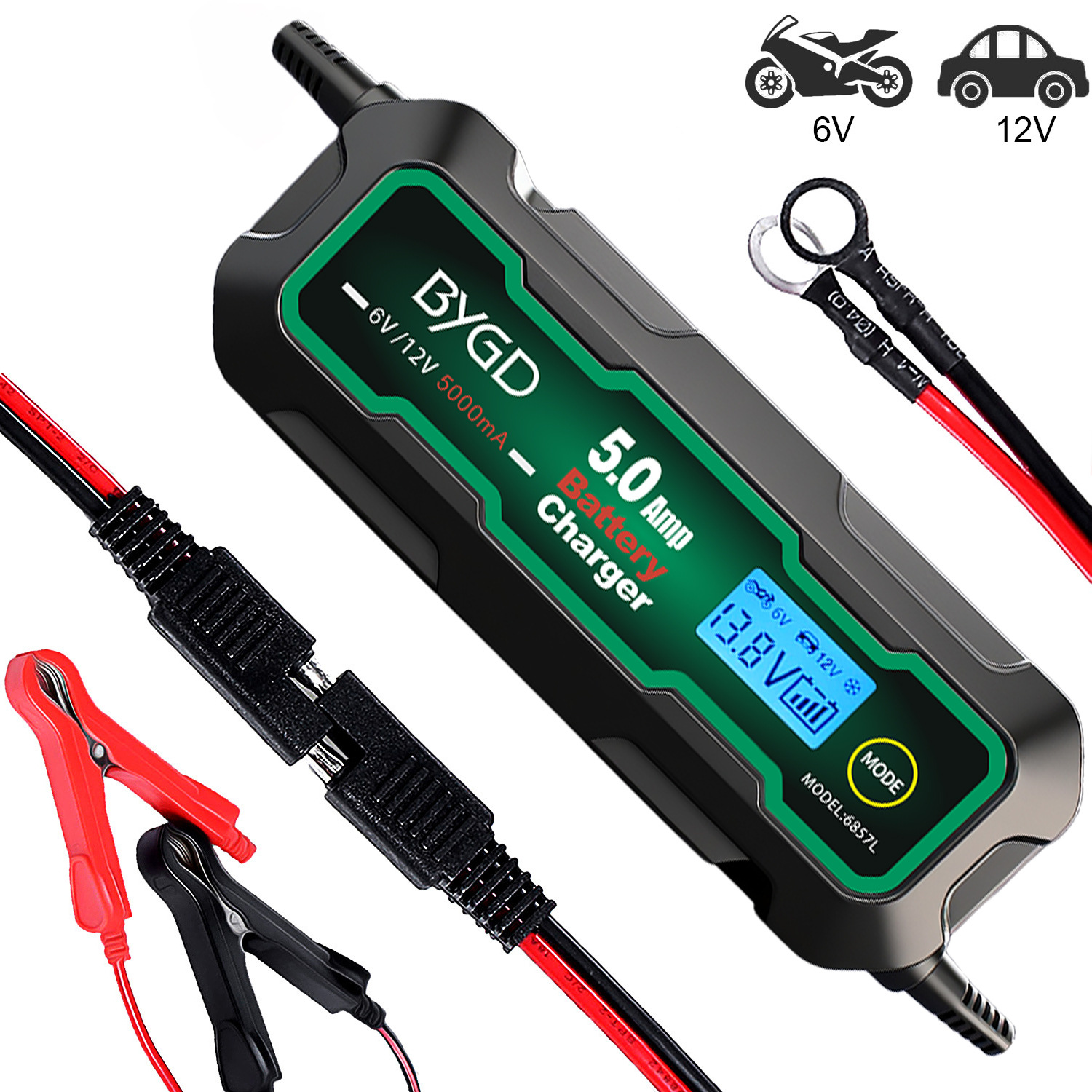 BYGD百盈6V/12V智能5A汽车电瓶充电器液晶屏显示铅酸蓄电池充电器
