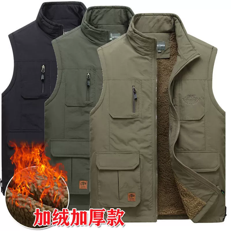 男士加绒马甲定制多口袋工作服户外工装加厚背心中老年坎肩印logo