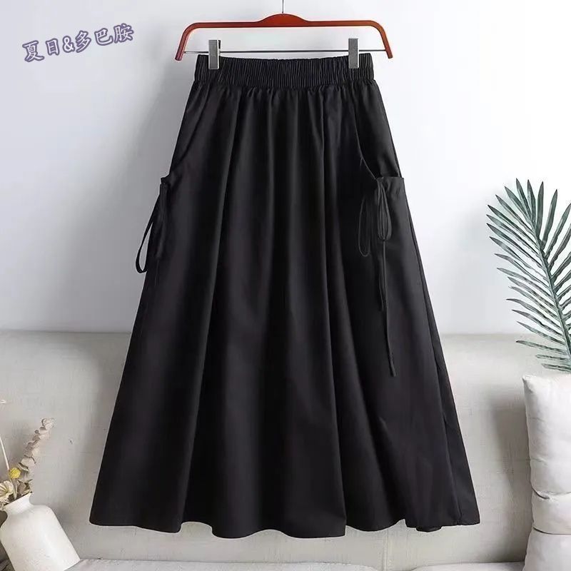 2025 New Summer Style Versatile Pure Color Lace-Up Drawstring Flap Pocket Pants Mid-Length Korean Style Workwear Half-Length A-Line Skirt for Women