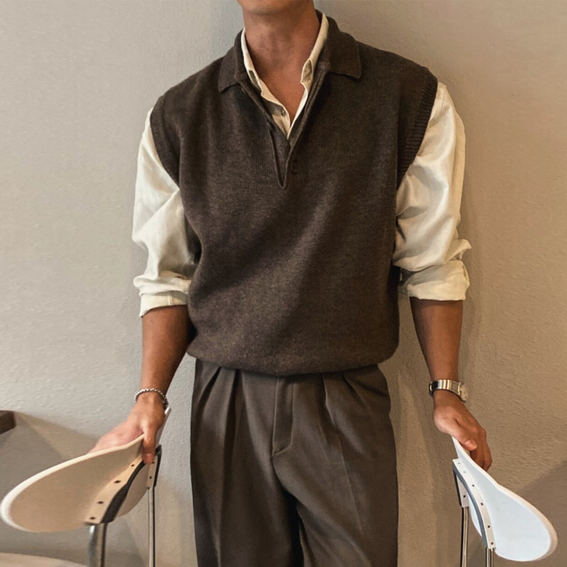 Old Money Style Knitted Vest for Men, Autumn and Winter, High-End Casual Layered Sleeveless Polo Collar Sweater, Loose Vest