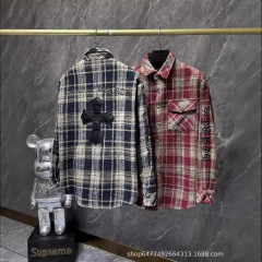 跨境高版本克罗 Chrome Hearts 秋冬款绣梵文刺绣十字架毛呢衬衫