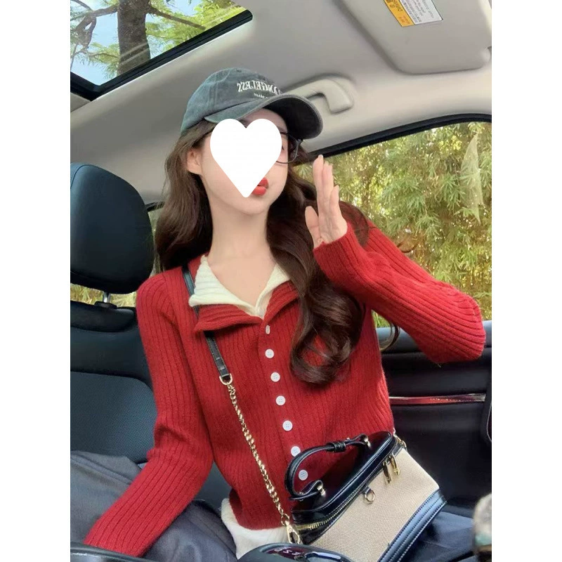 Красный ретро поддельный свитер из двух частей женский 2024 новый осенний и зимний стиль темперамент стройный вязаный кардиган