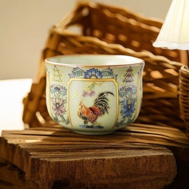 中国風ベージュ汝窯花鳥ティーカップマスターカップゲストカップオープンピースティーカップセラミックティーセットカンフーティーセット|undefined