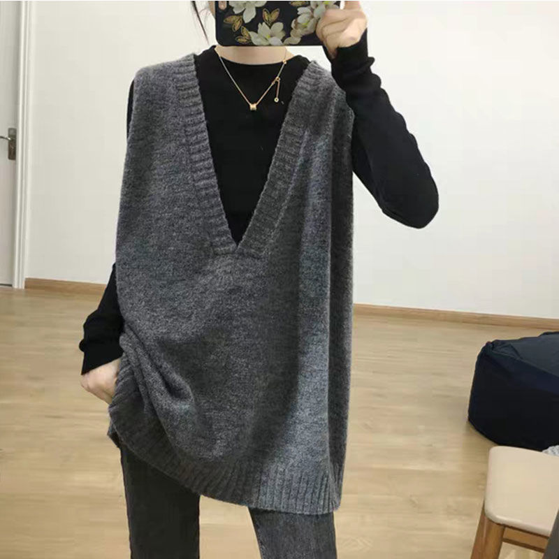 Korean Simple Lazy Style Deep V Neck Knitted Vest Mid-Length Loose Large Size Sweater Women's Versatile Vest Outer Wear